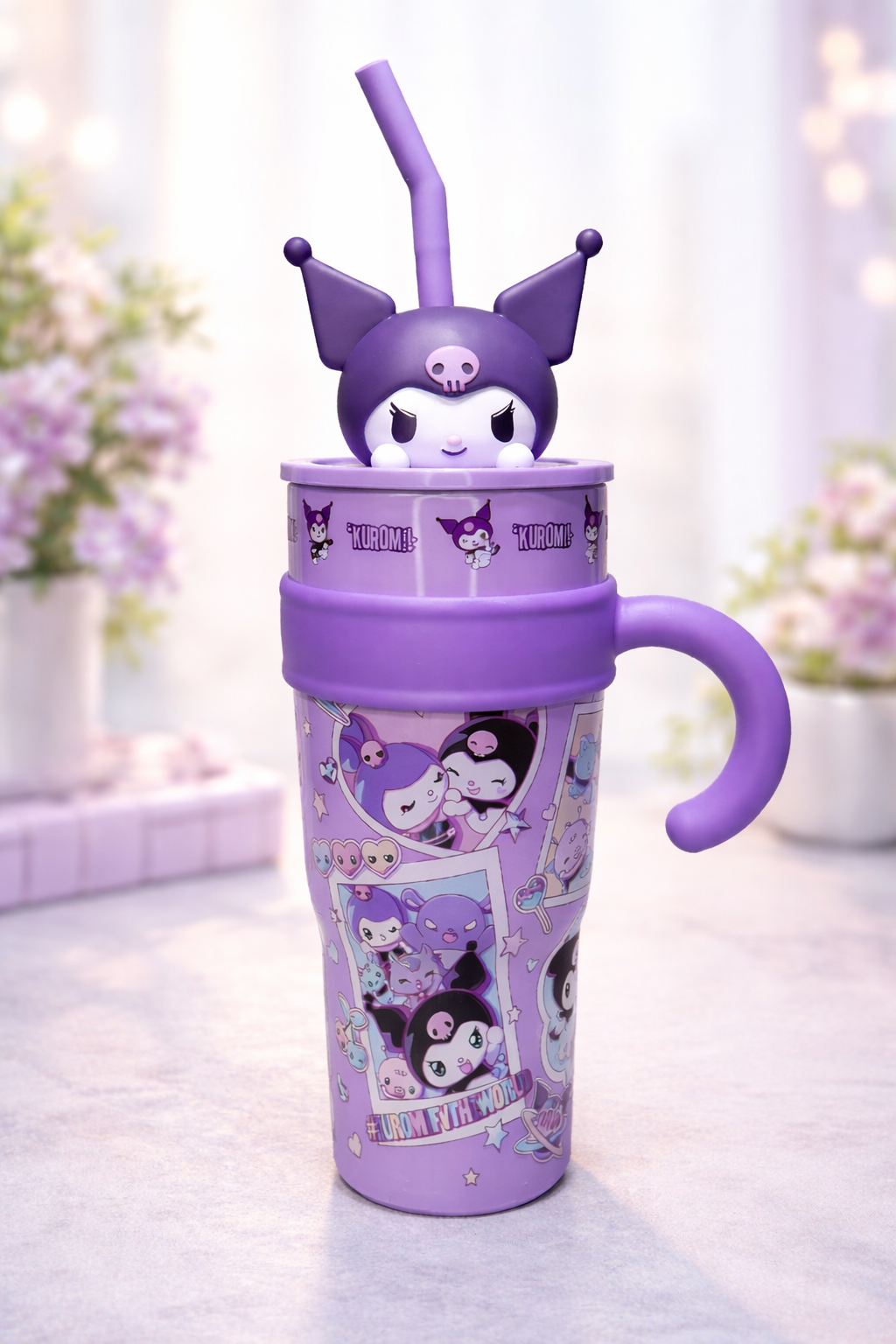 Kuromi 3D Character Insulated Tumbler with Straw &amp; Handle | 1200ML Large Capacity Leakproof Travel Mug | Double Wall Reusable Cup for Cold &amp; Hot Drinks (Purple)