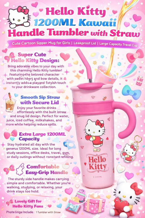 Hello Kitty 1200ML Kawaii Handle Tumbler with Straw – Leakproof Travel Cup for Girls & Women