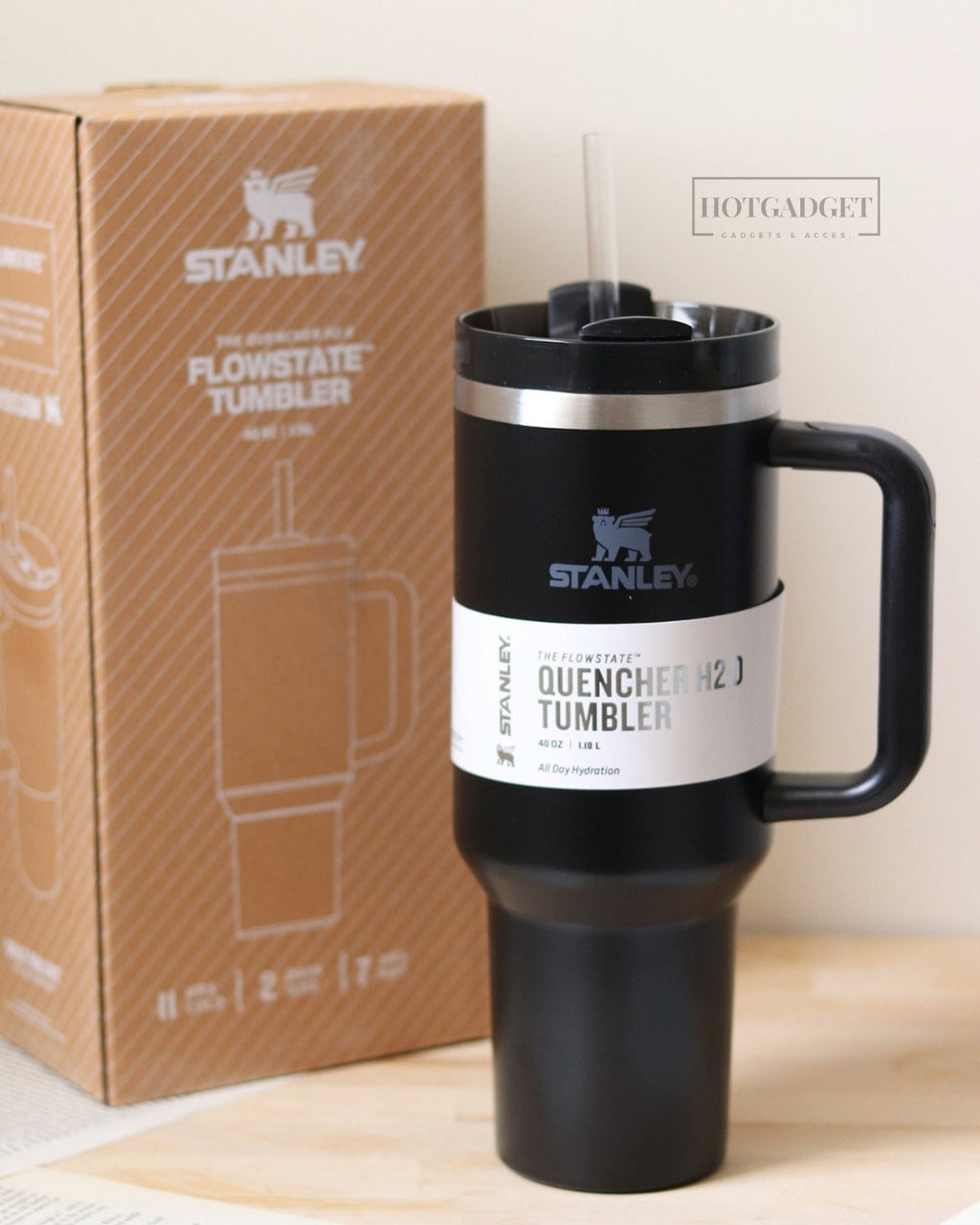 Stanley Tumbler with Handle and Straw, Stainless Steel Insulated Travel Cup (Black)