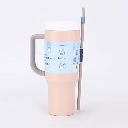 1200ml/40oz Stainless Steel Insulated Tumbler with Handle & Straw Vacuum Travel Mug with Leak-Resistant Dual Lid