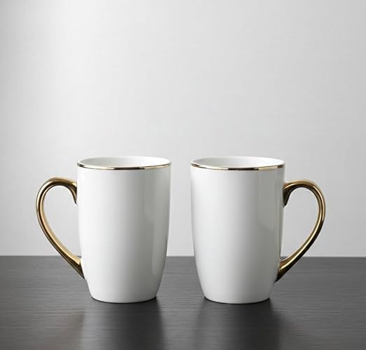 Ceramic Coffee Mug Set of 2 with Gift Box, White Tea Cups with Golden Handles for Home, Office & Gifting