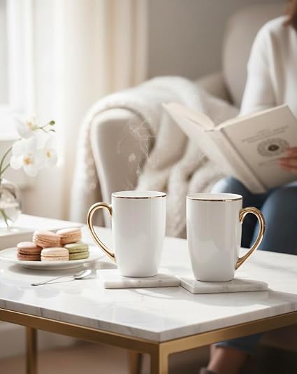 Ceramic Coffee Mug Set of 2 with Gift Box, White Tea Cups with Golden Handles for Home, Office & Gifting