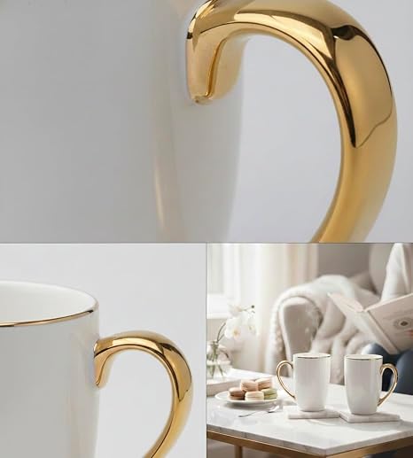 Ceramic Coffee Mug Set of 2 with Gift Box, White Tea Cups with Golden Handles for Home, Office & Gifting