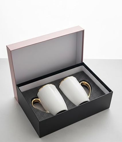 Ceramic Coffee Mug Set of 2 with Gift Box, White Tea Cups with Golden Handles for Home, Office & Gifting