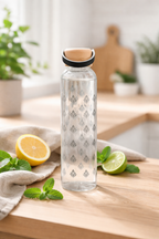 Glass Water Bottle with Wooden Lid, Reusable Clear Drinking Bottle with Carry Handle for Home, Office & Travel