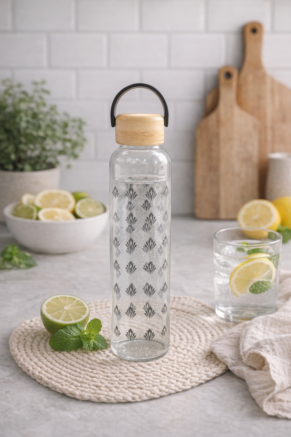 Glass Water Bottle with Wooden Lid, Reusable Clear Drinking Bottle with Carry Handle for Home, Office & Travel