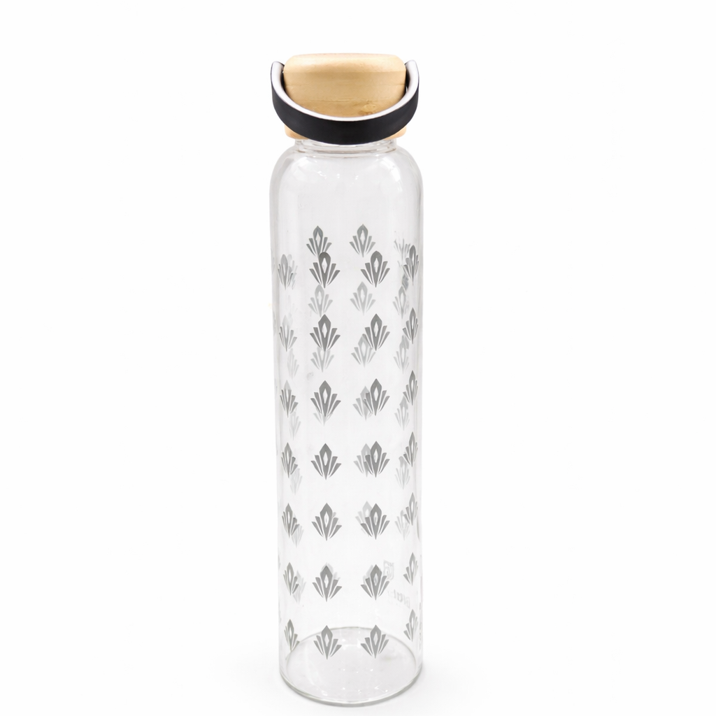 Glass Water Bottle with Wooden Lid, Reusable Clear Drinking Bottle with Carry Handle for Home, Office & Travel