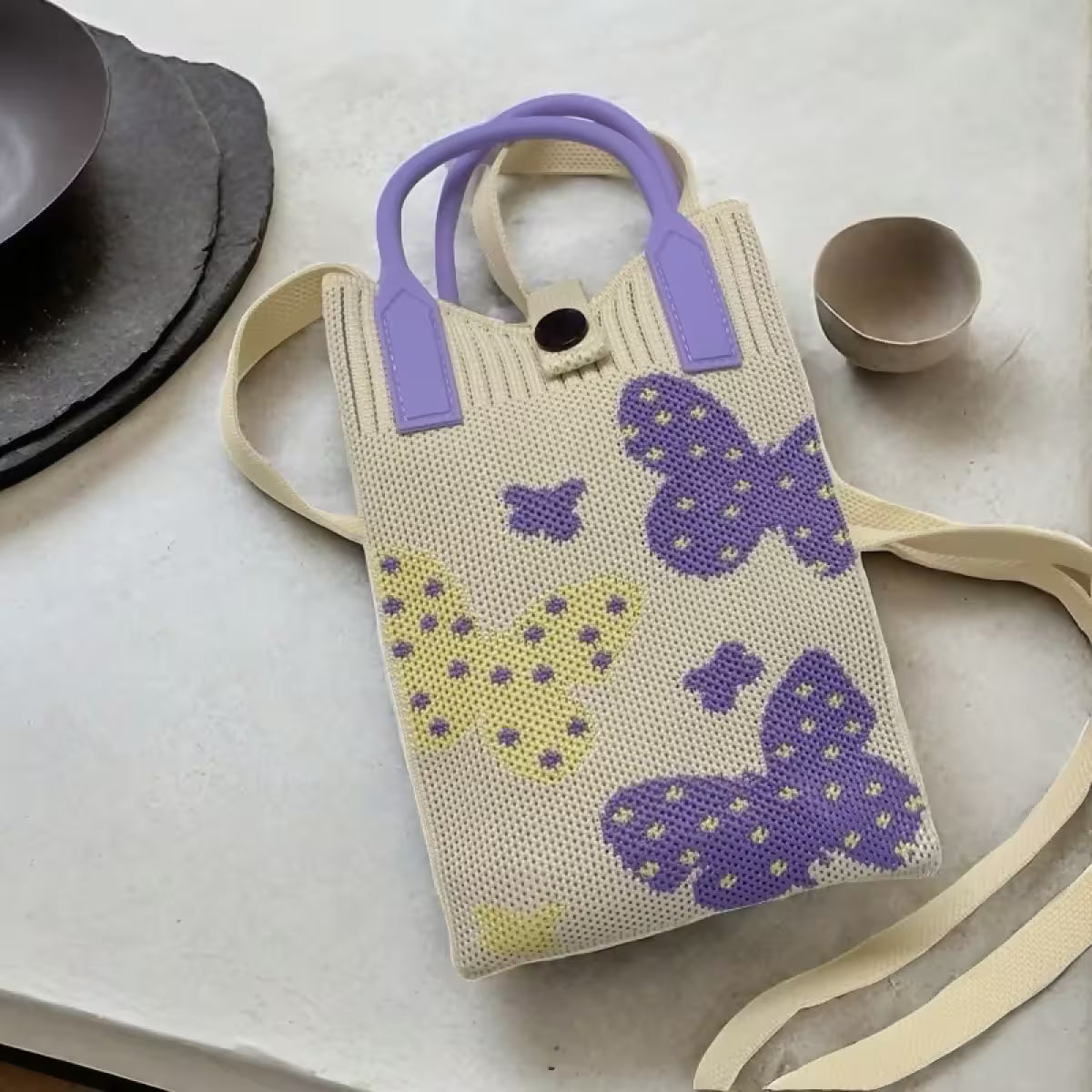 Knitted Phone Crossbody Bag for Women with Shoulder Strap & Snap Closure