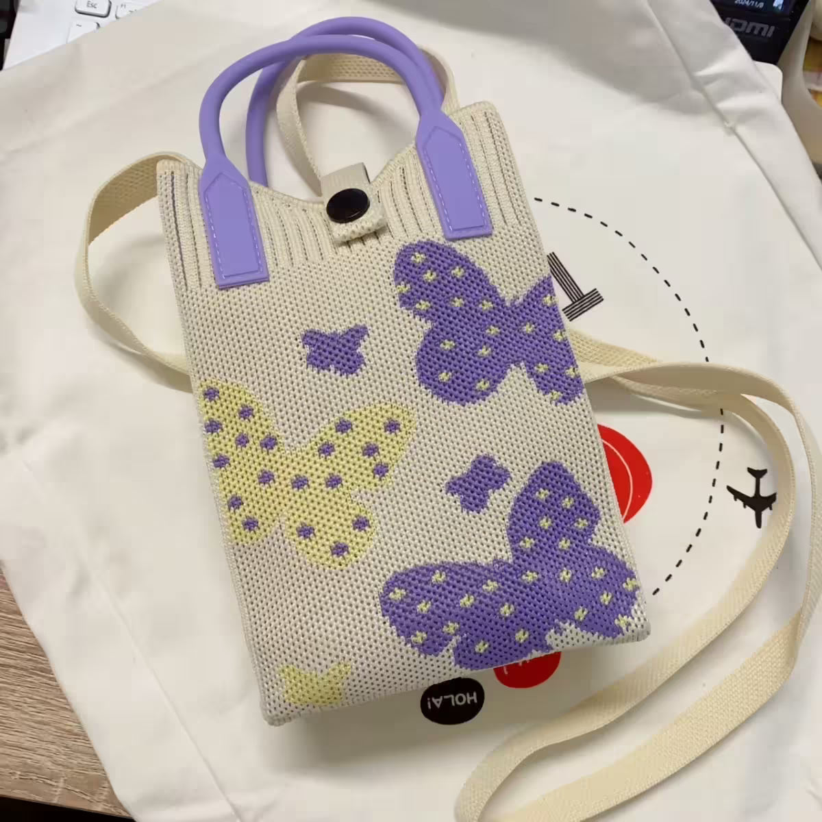 Knitted Phone Crossbody Bag for Women with Shoulder Strap & Snap Closure