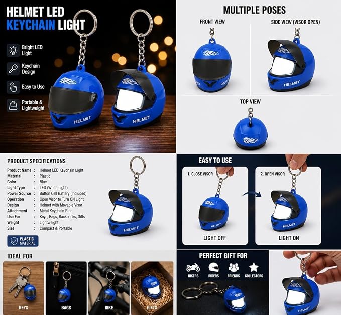CloudCherry Mini Motorcycle Helmet Keychain with Auto Light & Sound Effect (Blue)