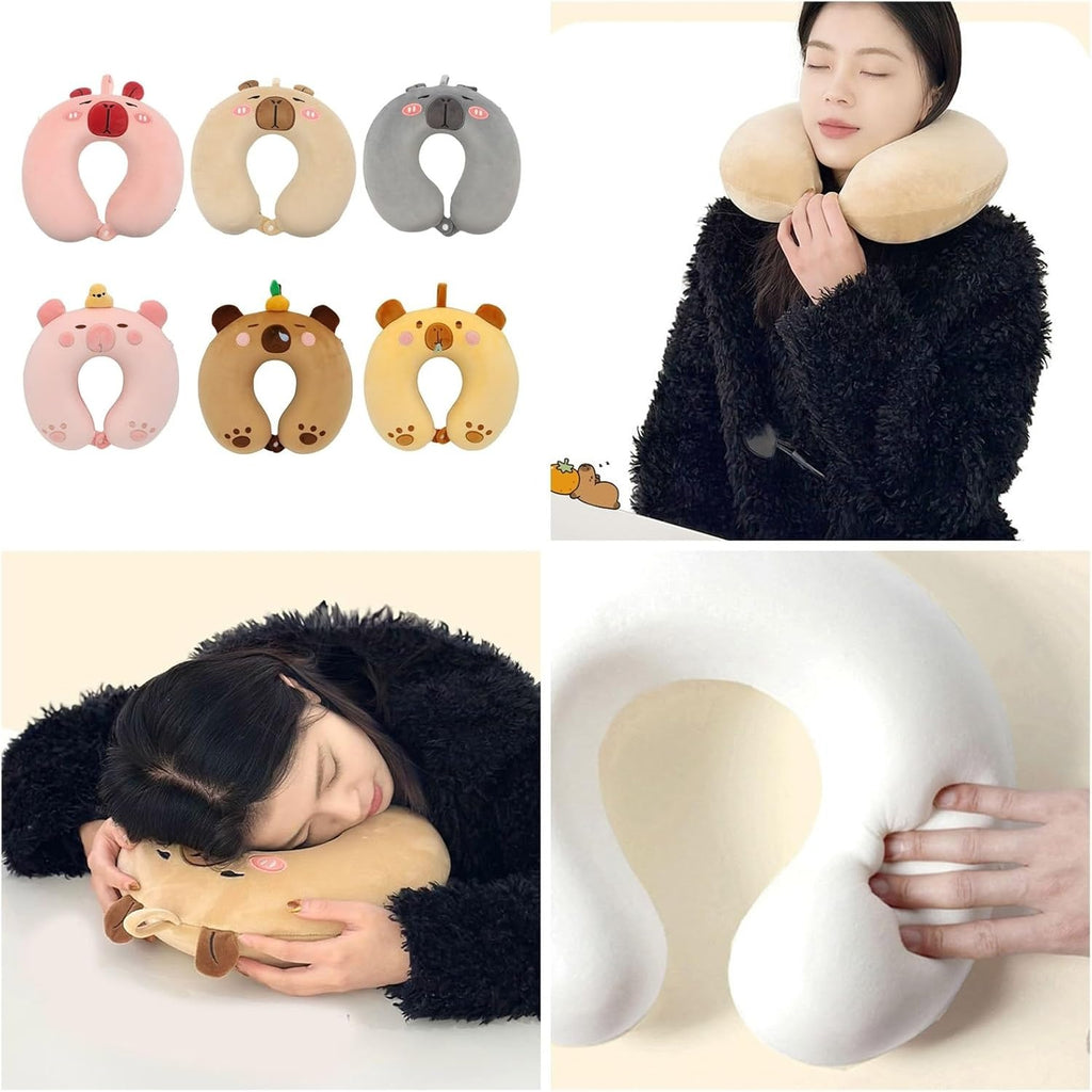 Cute Animal Plush U-Shaped Travel Neck Pillow | Soft Memory Cushion for Car, Flight &amp; Office | Unicorn, Capybara, Kuromi Designs