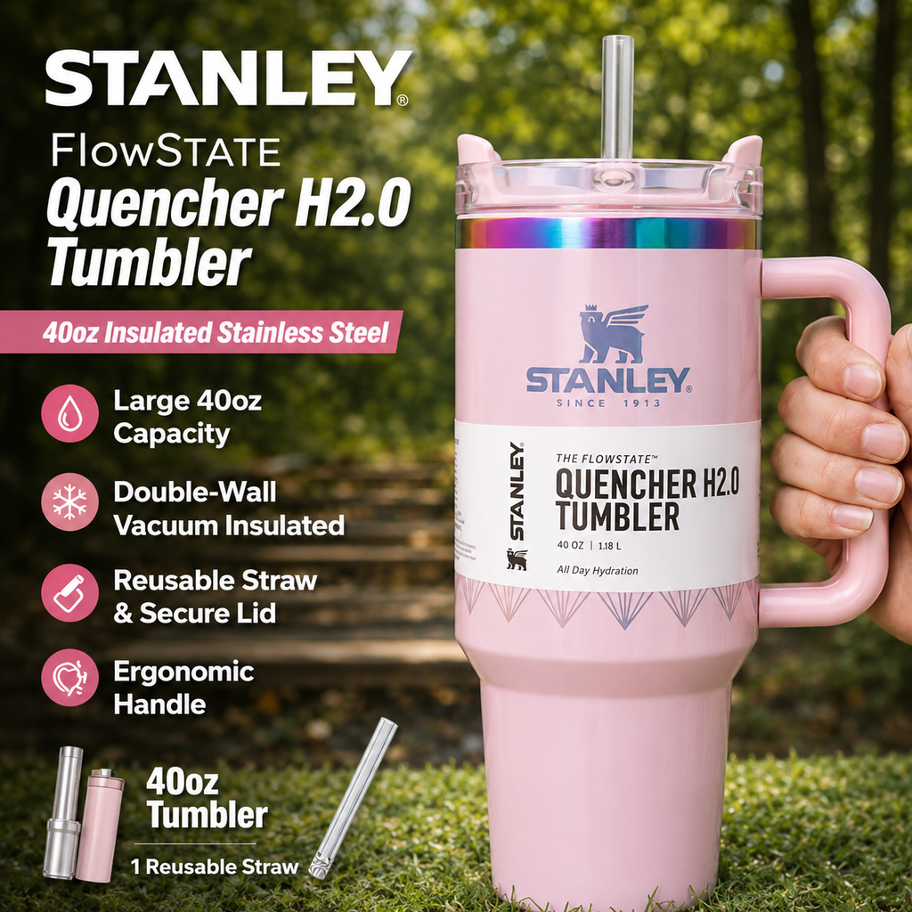 Stanley Quencher H2.0 40oz Insulated Tumbler with Handle Straw | FlowState Stainless Steel Vacuum Travel Mug | Leakproof Reusable Cup | Pink