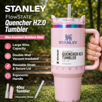Stanley Quencher H2.0 40oz Insulated Tumbler with Handle Straw | FlowState Stainless Steel Vacuum Travel Mug | Leakproof Reusable Cup | Pink