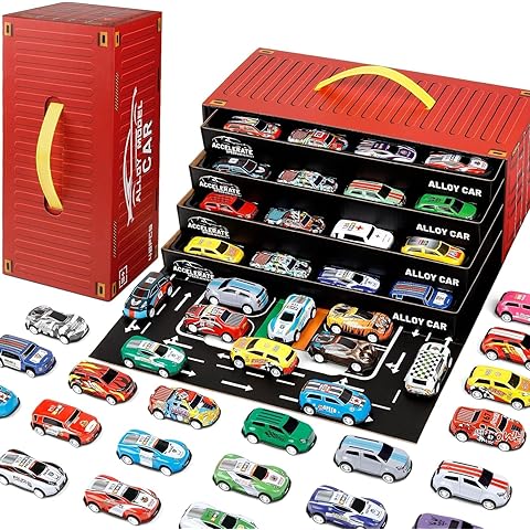 48-Piece Alloy Die-Cast Toy Car Set with Foldable Storage Container &amp; Multi-Level Parking Display | Mini Racing Cars Collection | Portable Carry Case | Kids Gift