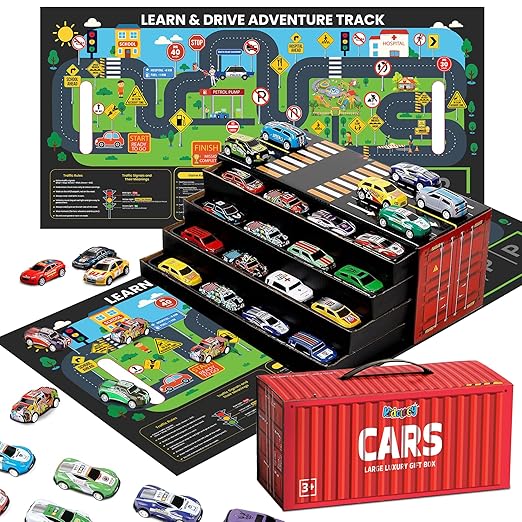 48-Piece Alloy Die-Cast Toy Car Set with Foldable Storage Container &amp; Multi-Level Parking Display | Mini Racing Cars Collection | Portable Carry Case | Kids Gift