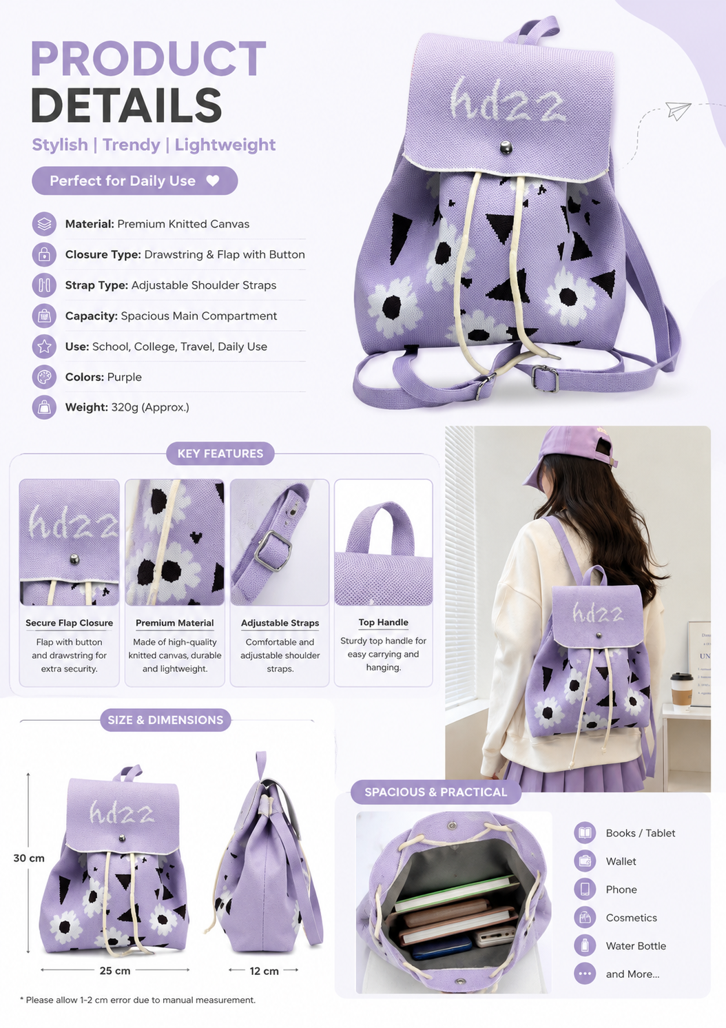 Knitted Canvas Backpack for Women with Drawstring Closure &amp; Adjustable Straps
