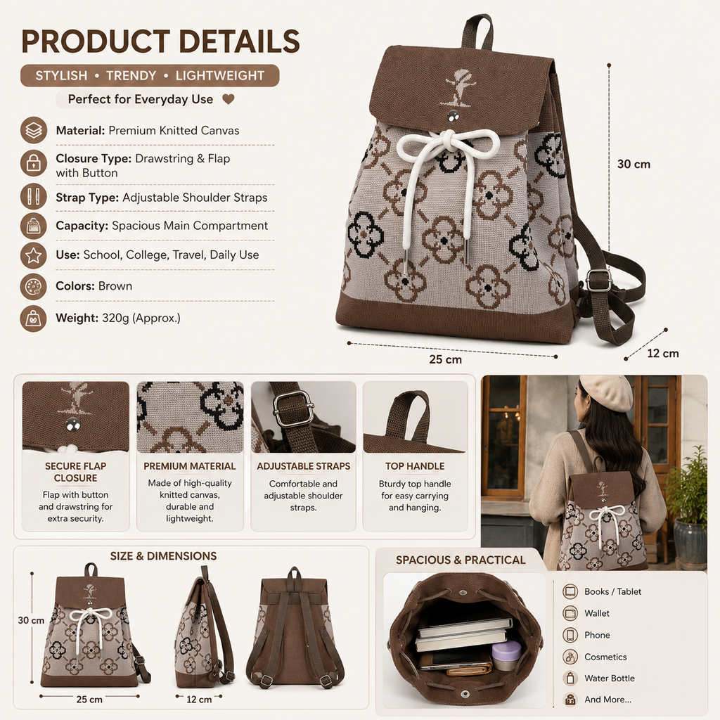 Knitted Canvas Backpack for Women with Drawstring Closure &amp; Adjustable Straps