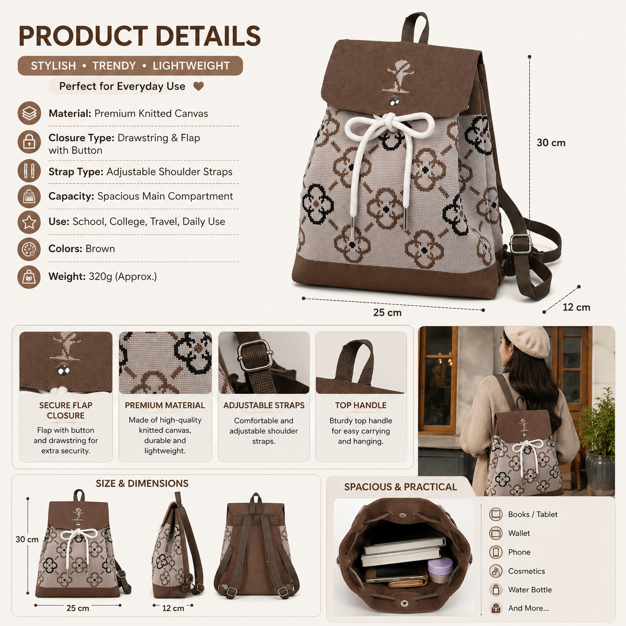 Knitted Canvas Backpack for Women with Drawstring Closure &amp; Adjustable Straps