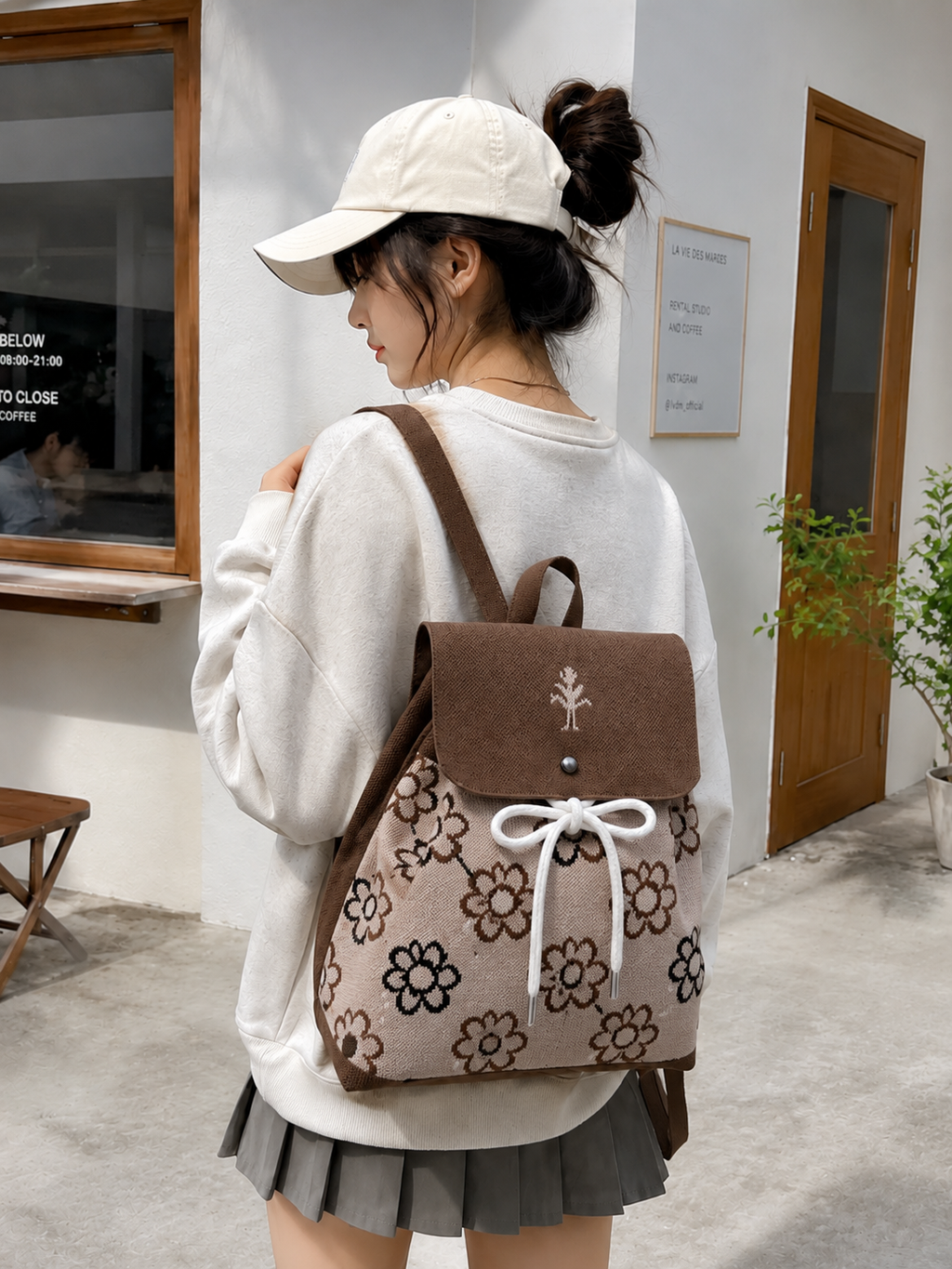 Knitted Canvas Backpack for Women with Drawstring Closure &amp; Adjustable Straps