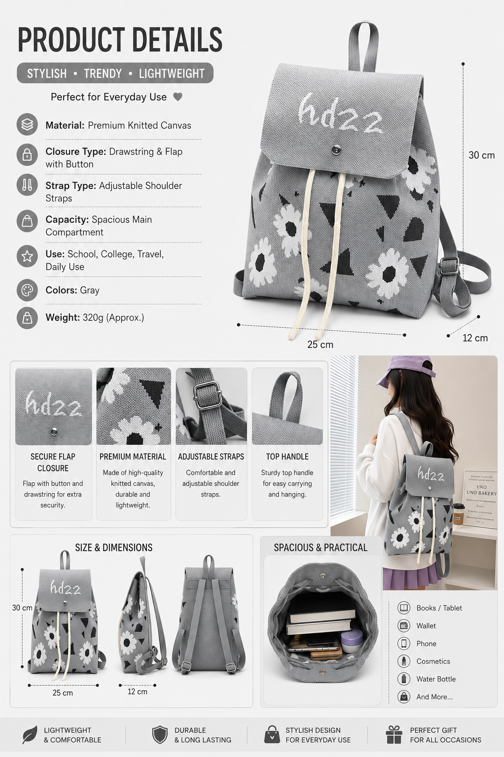 Knitted Canvas Backpack for Women with Drawstring Closure &amp; Adjustable Straps