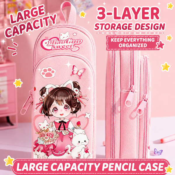 Large Capacity 3-Layer Pencil Case – Cute Kitty, Panda & Astronaut Designs | Multi-Compartment Pencil Pouch | Stationery Organizer for School & College