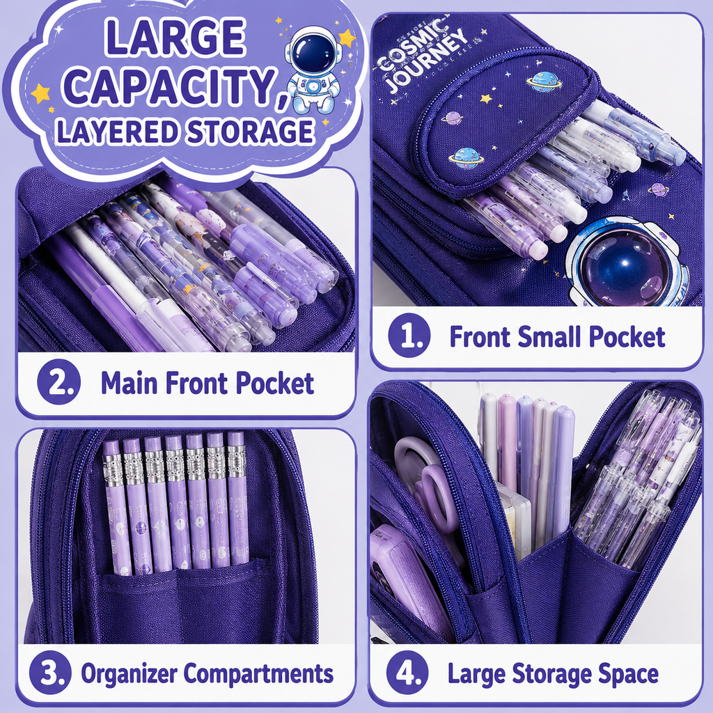 Large Capacity 3-Layer Pencil Case – Cute Kitty, Panda & Astronaut Designs | Multi-Compartment Pencil Pouch | Stationery Organizer for School & College