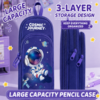 Large Capacity 3-Layer Pencil Case – Cute Kitty, Panda & Astronaut Designs | Multi-Compartment Pencil Pouch | Stationery Organizer for School & College