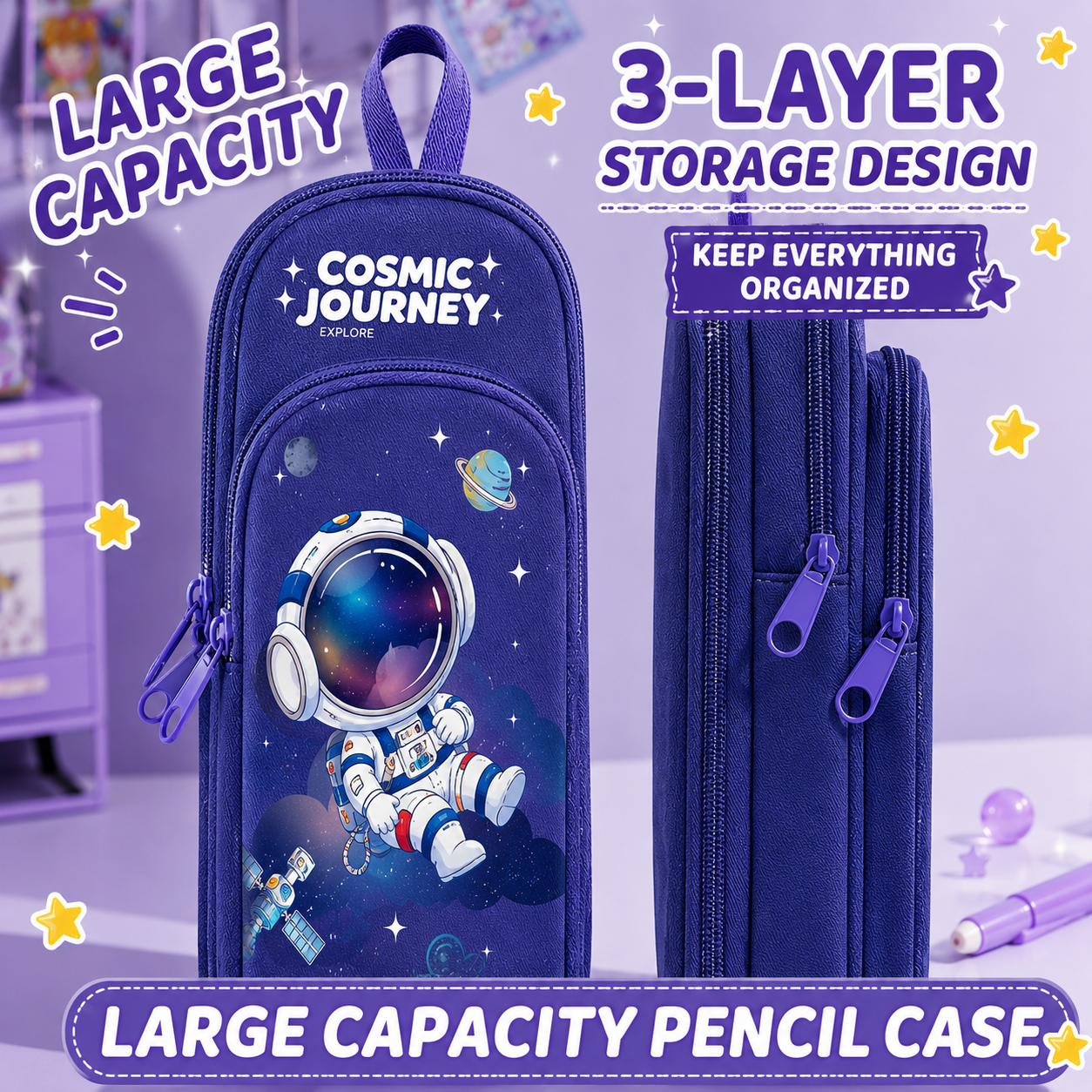 Large Capacity 3-Layer Pencil Case – Cute Kitty, Panda & Astronaut Designs | Multi-Compartment Pencil Pouch | Stationery Organizer for School & College