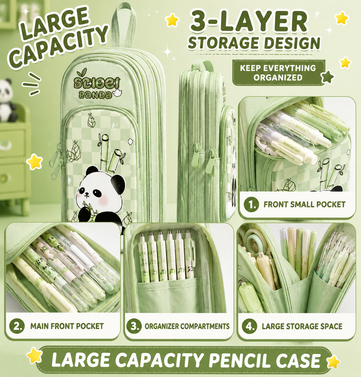 Large Capacity 3-Layer Pencil Case – Cute Kitty, Panda & Astronaut Designs | Multi-Compartment Pencil Pouch | Stationery Organizer for School & College