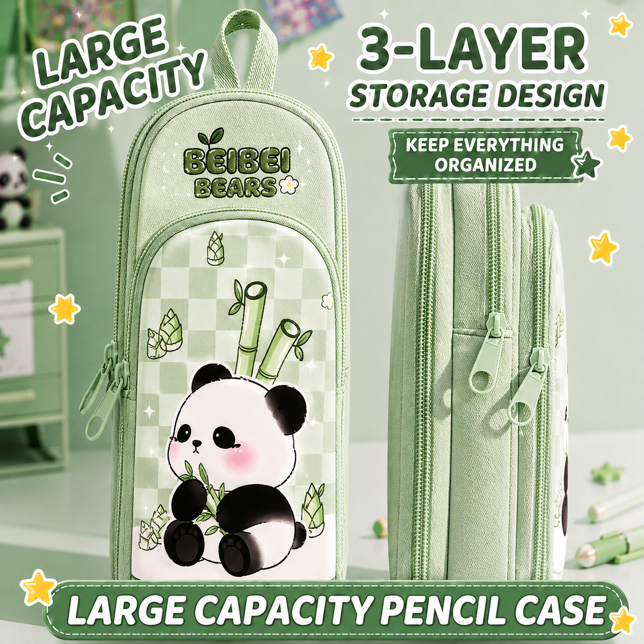 Large Capacity 3-Layer Pencil Case – Cute Kitty, Panda & Astronaut Designs | Multi-Compartment Pencil Pouch | Stationery Organizer for School & College