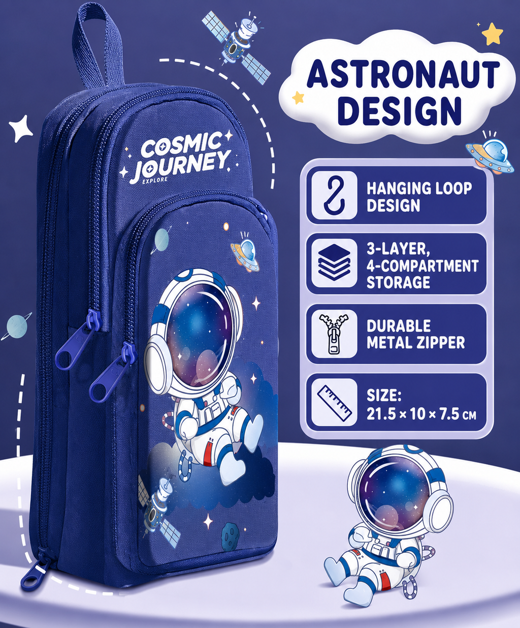 Large Capacity 3-Layer Pencil Case – Cute Kitty, Panda & Astronaut Designs | Multi-Compartment Pencil Pouch | Stationery Organizer for School & College