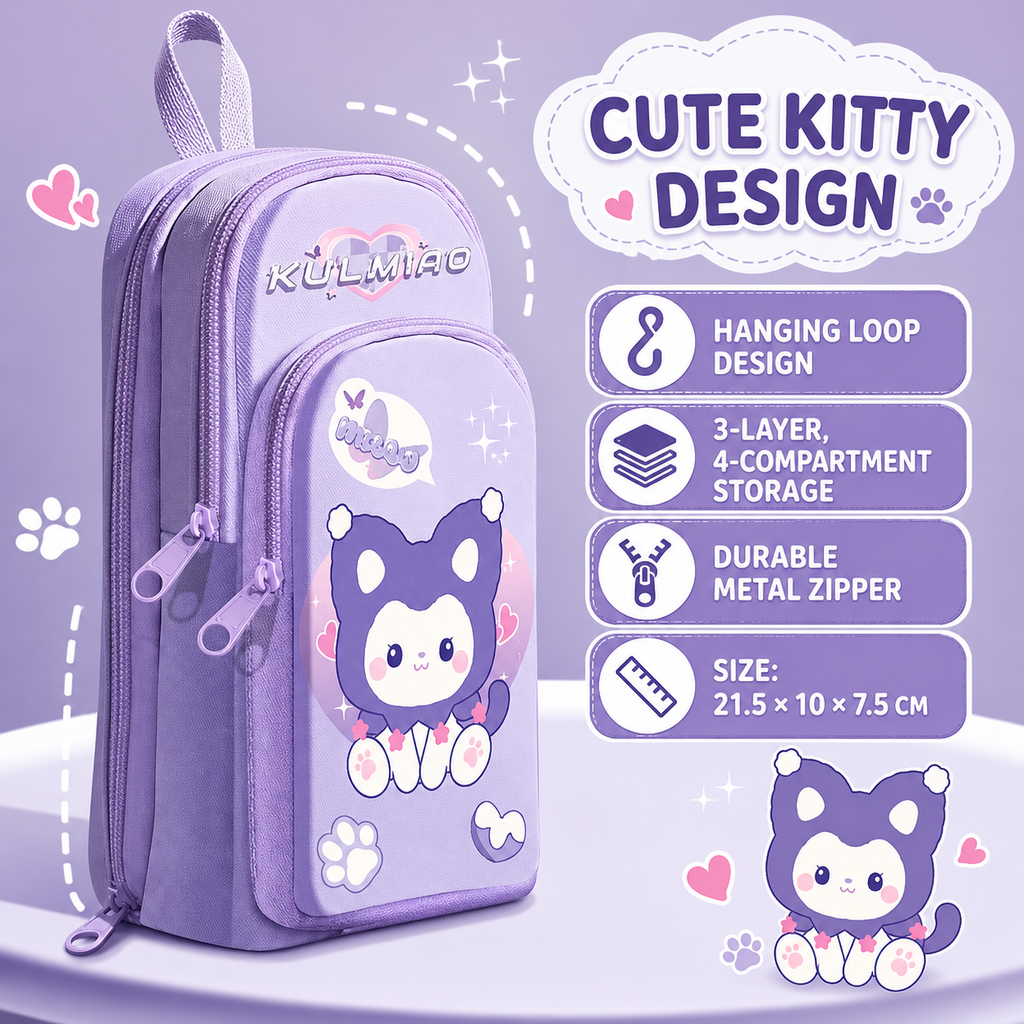 Large Capacity 3-Layer Pencil Case – Cute Kitty, Panda & Astronaut Designs | Multi-Compartment Pencil Pouch | Stationery Organizer for School & College