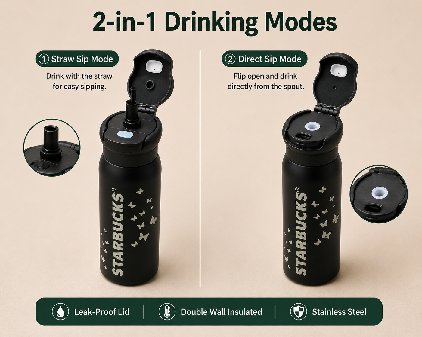 Starbucks® Butterfly Stainless Steel Insulated Water Bottle 2-in-1 Straw & Sip Lid | Leakproof Double Wall Vacuum Flask