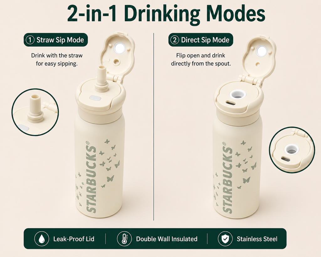 Starbucks® Butterfly Stainless Steel Insulated Water Bottle 2-in-1 Straw & Sip Lid | Leakproof Double Wall Vacuum Flask