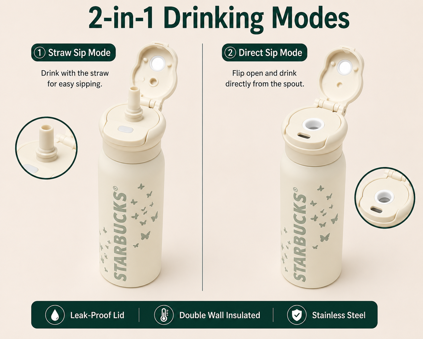 Starbucks® Butterfly Stainless Steel Insulated Water Bottle 2-in-1 Straw & Sip Lid | Leakproof Double Wall Vacuum Flask
