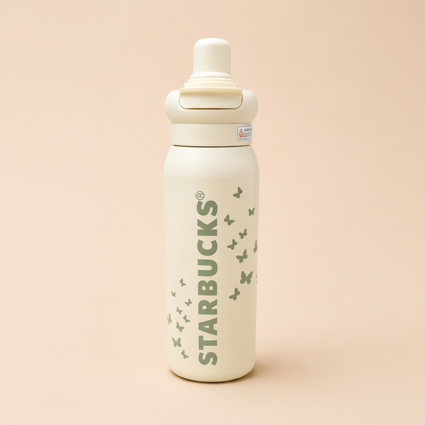 Starbucks® Butterfly Stainless Steel Insulated Water Bottle 2-in-1 Straw & Sip Lid | Leakproof Double Wall Vacuum Flask (White)
