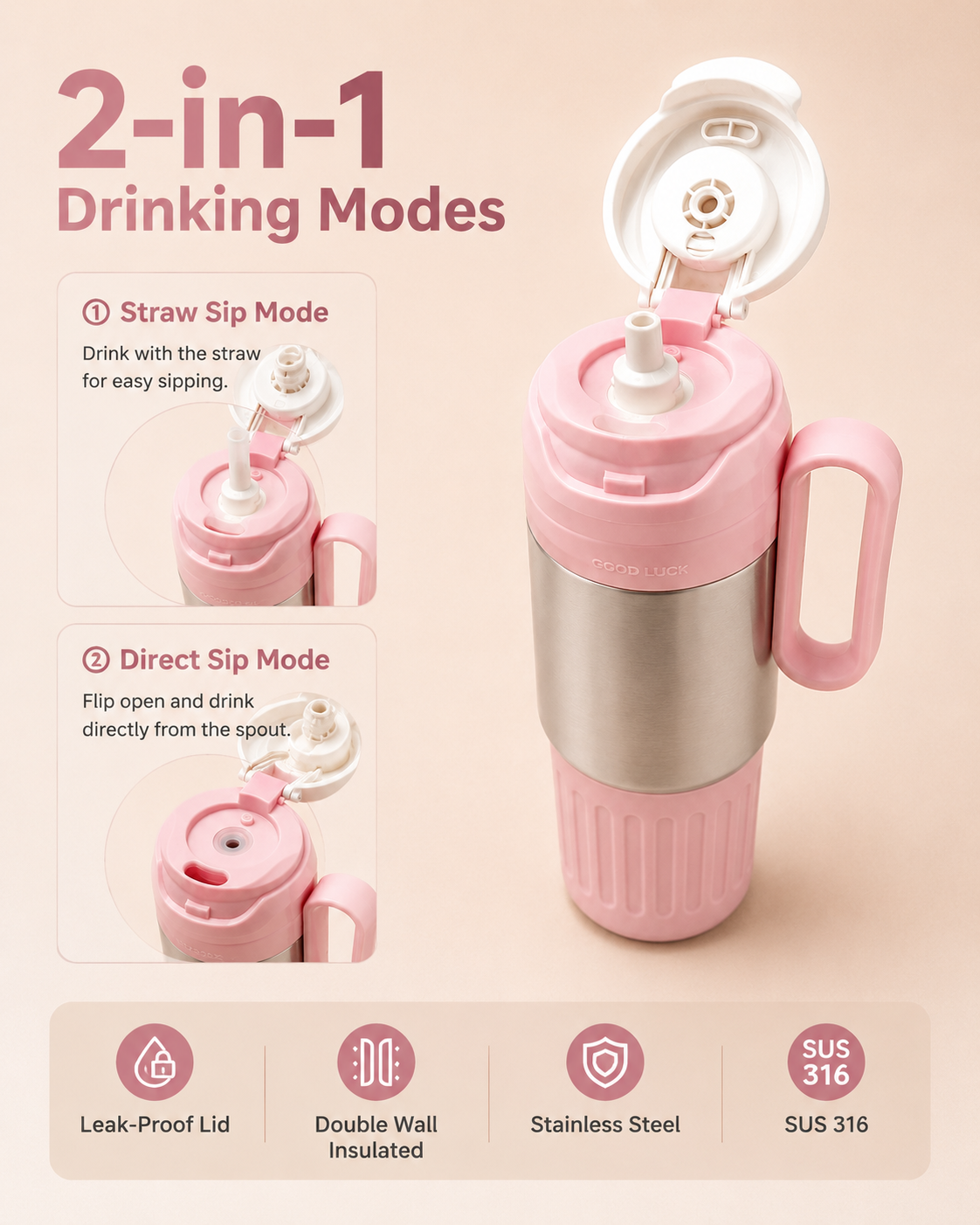 800ML Stainless Steel Insulated Travel Mug with Handle | 2-in-1 Straw &amp; Direct Sip Tumbler | 316 Stainless Steel Vacuum Flask with Tea Infuser &amp; Leakproof Lid (Pink)