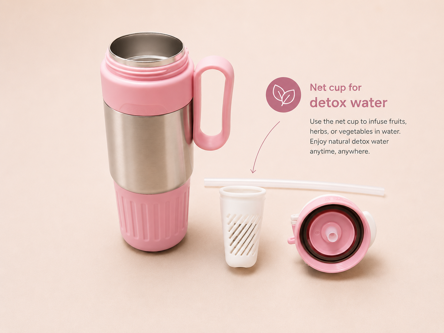 800ML Stainless Steel Insulated Travel Mug with Handle | 2-in-1 Straw &amp; Direct Sip Tumbler | 316 Stainless Steel Vacuum Flask with Tea Infuser &amp; Leakproof Lid (Pink)