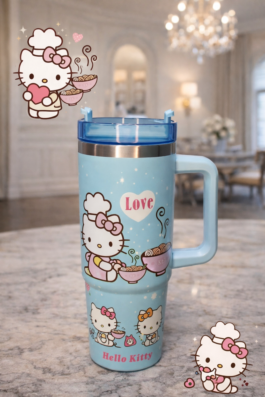 CloudCherry 1000ml Hello Kitty Tumbler with Straw and Handle, Stainless Steel Insulated Travel Cup