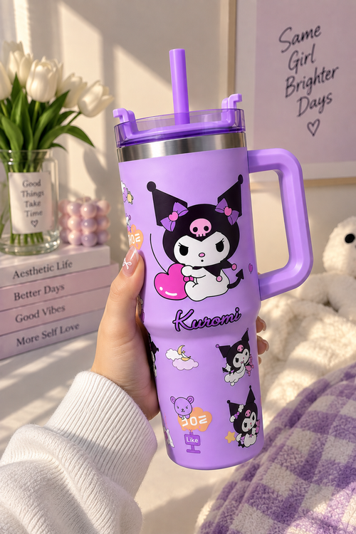 CloudCherry 1000ml Kuromi Tumbler with Straw and Handle, Cute Stainless Steel Insulated Travel Cup
