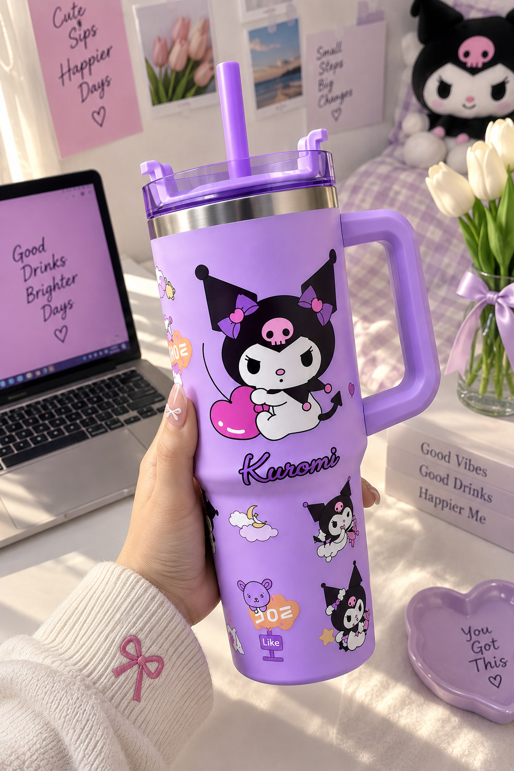 CloudCherry 1000ml Kuromi Tumbler with Straw and Handle, Cute Stainless Steel Insulated Travel Cup