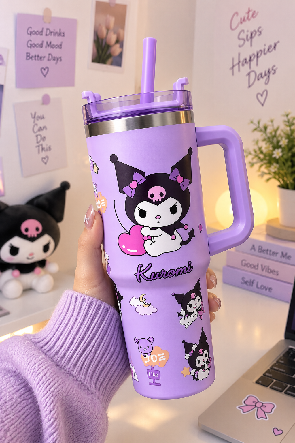 CloudCherry 1000ml Kuromi Tumbler with Straw and Handle, Cute Stainless Steel Insulated Travel Cup