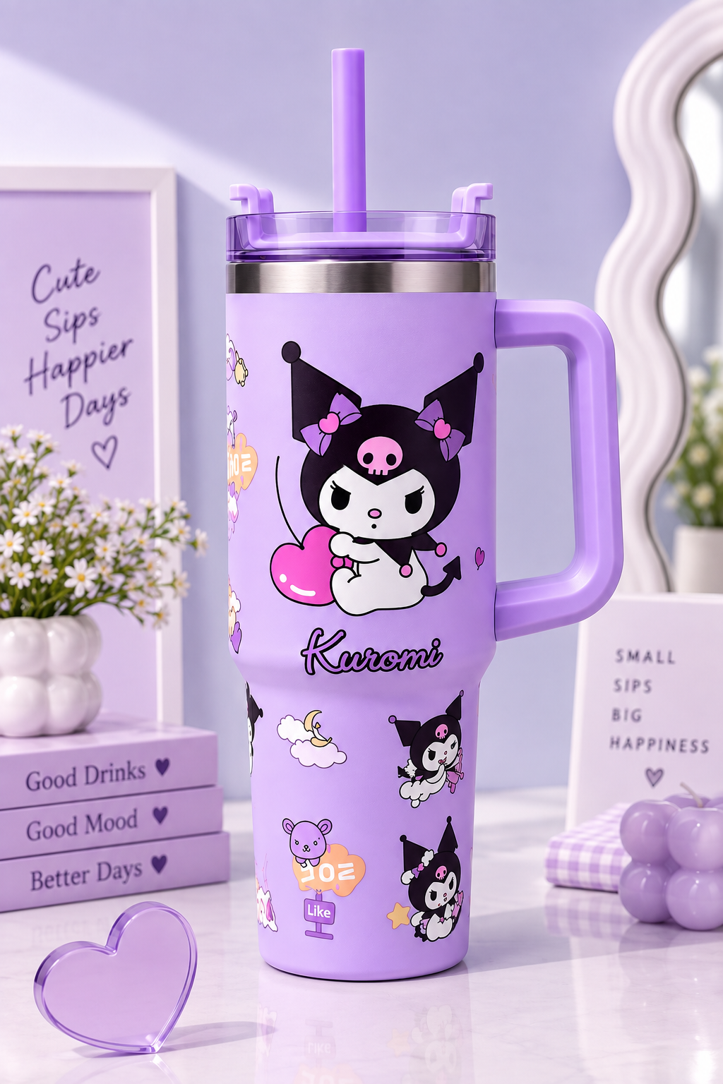 CloudCherry 1000ml Kuromi Tumbler with Straw and Handle, Cute Stainless Steel Insulated Travel Cup