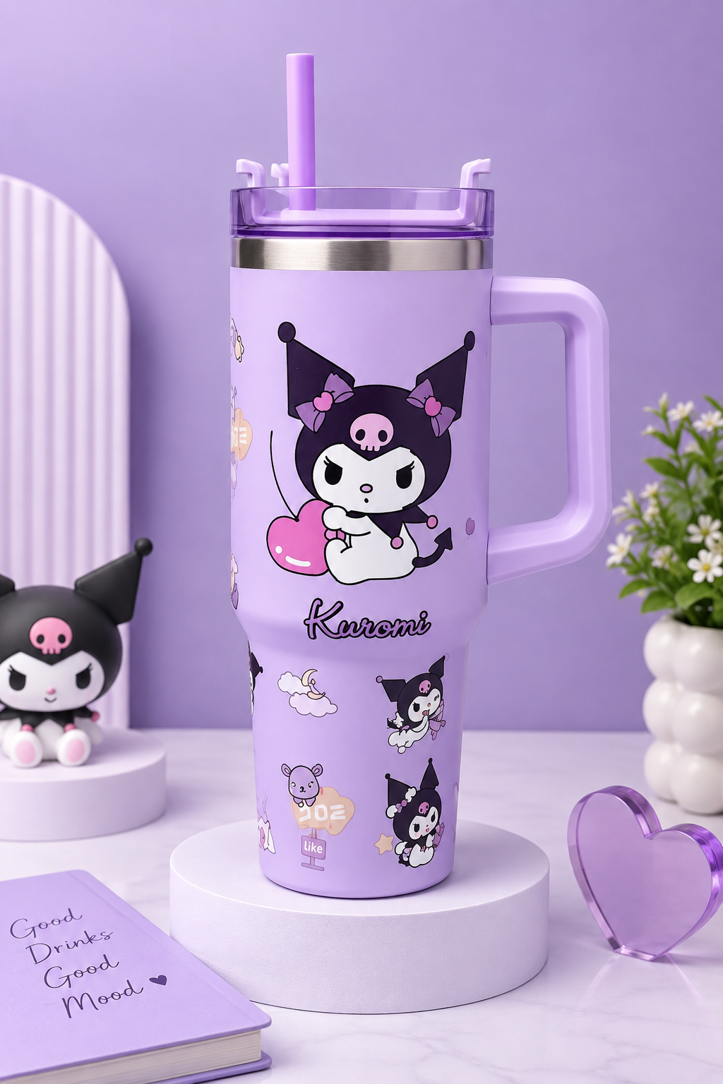 CloudCherry 1000ml Kuromi Tumbler with Straw and Handle, Cute Stainless Steel Insulated Travel Cup
