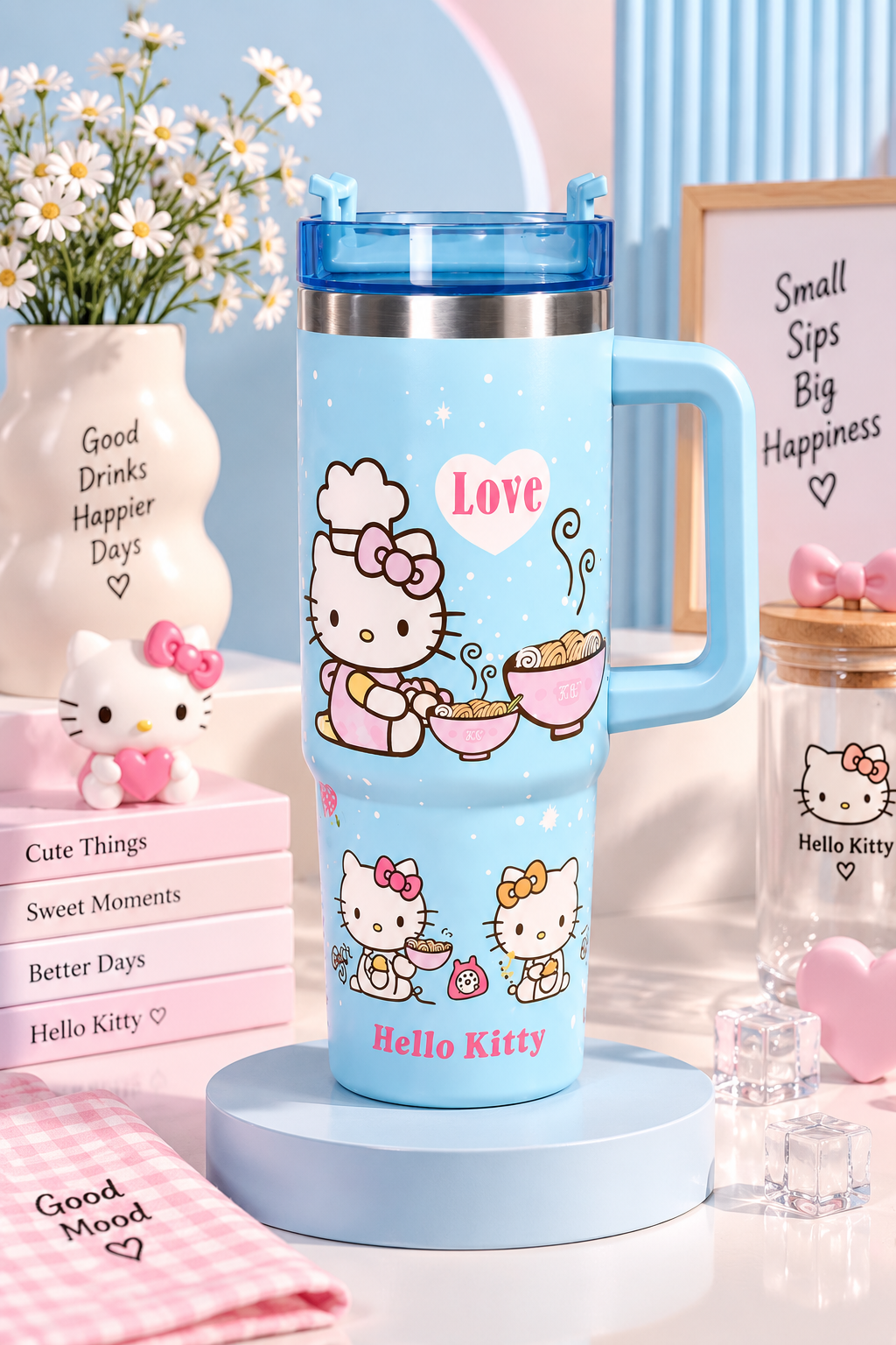 CloudCherry 1000ml Hello Kitty Tumbler with Straw and Handle, Stainless Steel Insulated Travel Cup