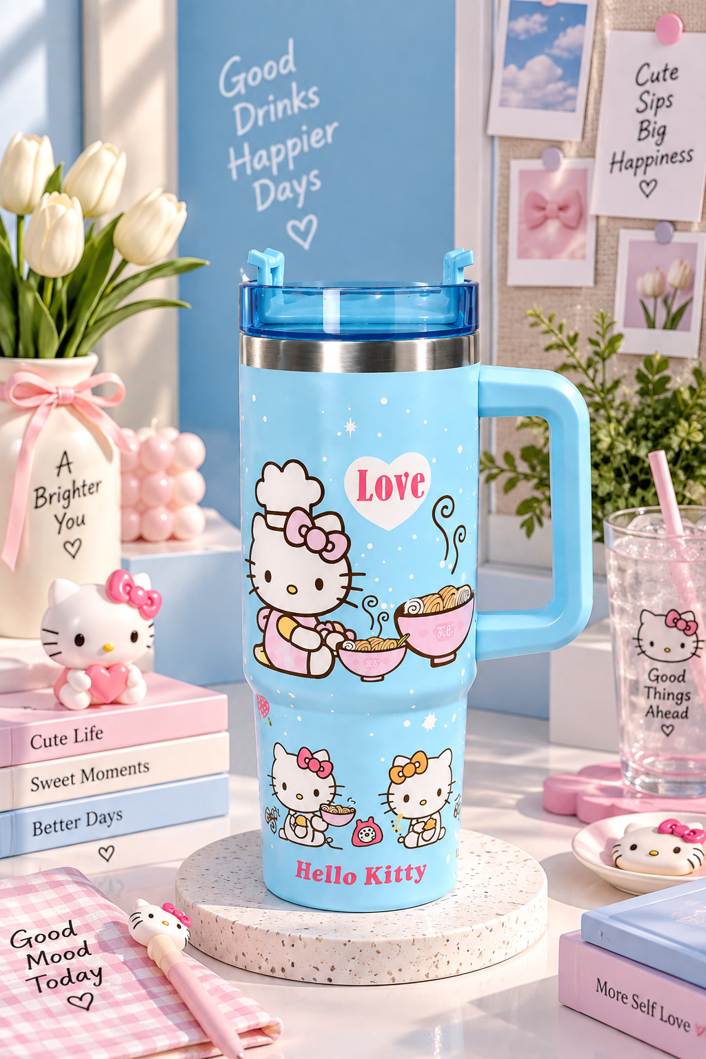 CloudCherry 1000ml Hello Kitty Tumbler with Straw and Handle, Stainless Steel Insulated Travel Cup