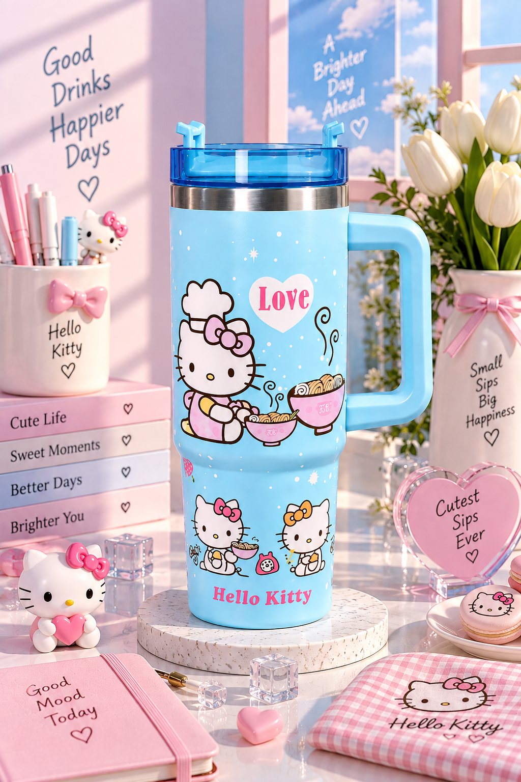 CloudCherry 1000ml Hello Kitty Tumbler with Straw and Handle, Stainless Steel Insulated Travel Cup