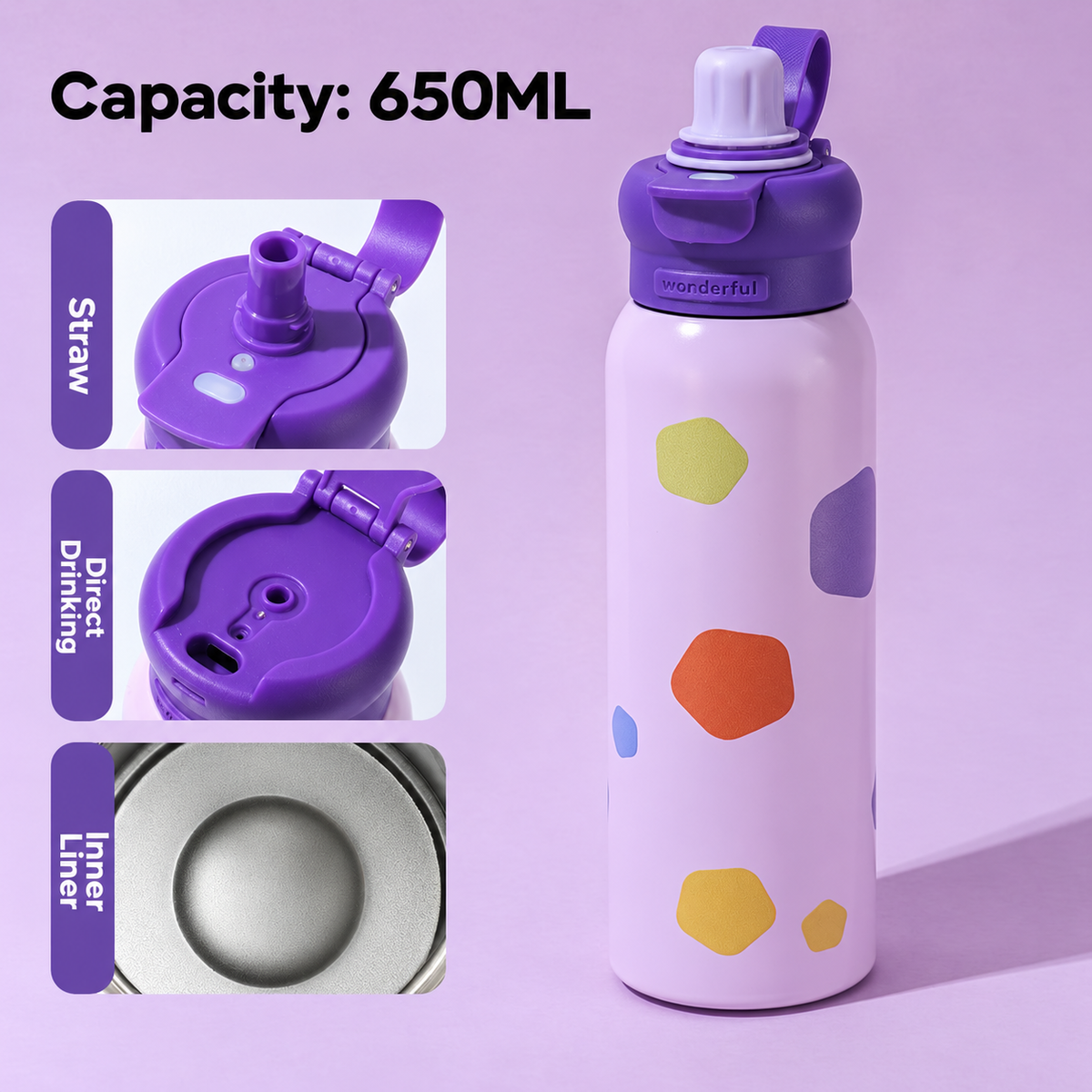 Pastel Lavender Water Bottle with Flip Straw Lid, Reusable Drinking Bottle for School, Gym & Travel