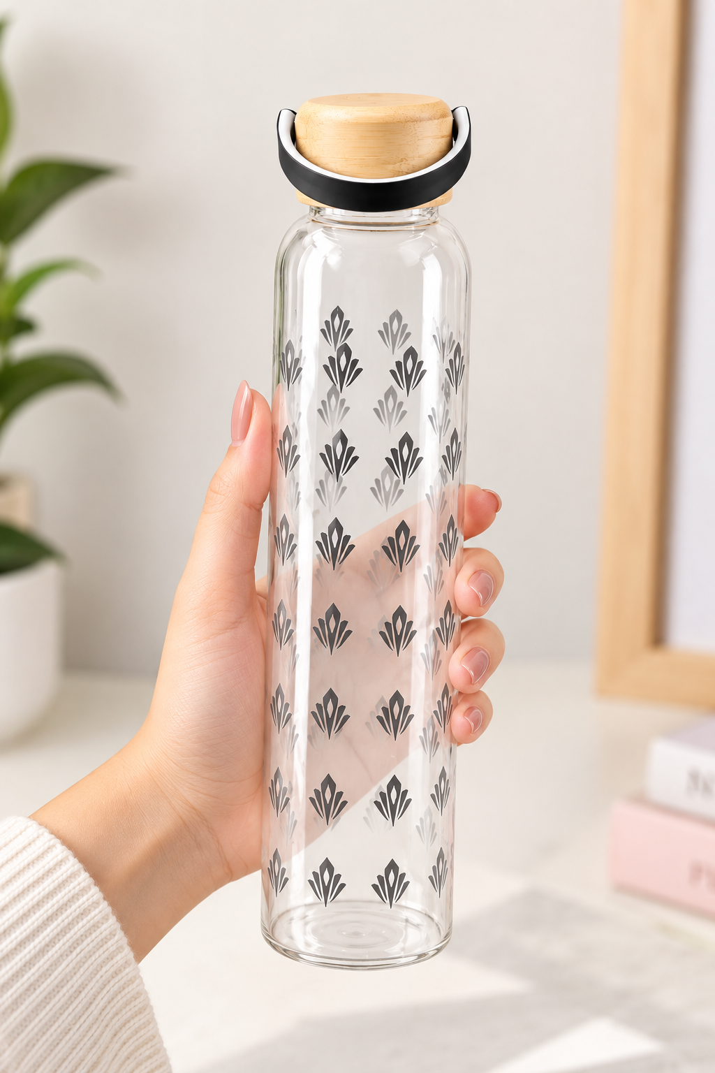 Glass Water Bottle with Wooden Lid, Reusable Clear Drinking Bottle with Carry Handle for Home, Office & Travel
