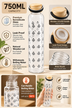 Glass Water Bottle with Wooden Lid, Reusable Clear Drinking Bottle with Carry Handle for Home, Office & Travel